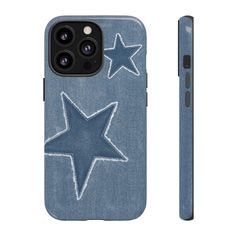 a phone case with an image of a star on the front and back, in blue denim