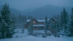 a cabin in the woods with snow on the ground and trees around it, at night