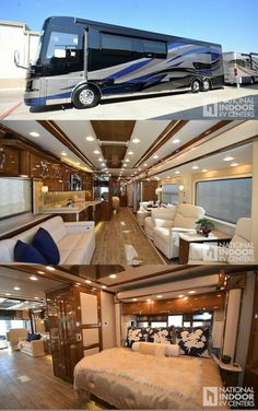 the inside and outside of an rv with couches