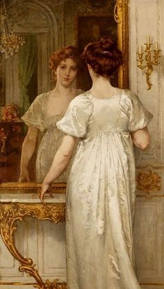 a painting of two women in front of a mirror looking at each other's reflection