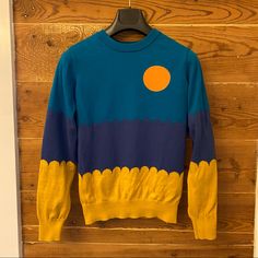 Super Cute Vintage Style Sweater With Abstract Sunset Design. By Joanie, Known For Their High Quality, Kitchy-Vintage Style. Like New, Never Worn. I Adore This Sweater!! Retro Blue Tops For Fall, Blue Retro Tops For Fall, Blue Retro Fall Tops, Retro Yellow Long Sleeve Sweater, Retro Yellow Crew Neck Sweater, Mustard Retro Long Sleeve Sweater, Retro Blue Long Sleeve Sweater, Blue Long Sleeve Retro Sweater, Blue Retro Crew Neck Sweater