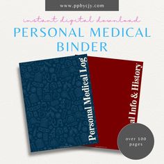 the personal medical binder is shown in three different colors and sizes, including red, blue