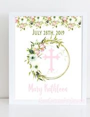 a white card with pink flowers and a cross on the front reads, july 25th