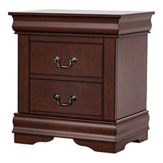 a brown wooden nightstand with two drawers