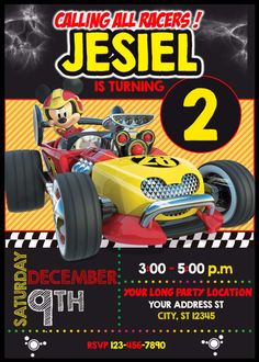 a birthday party with mickey mouse in a race car