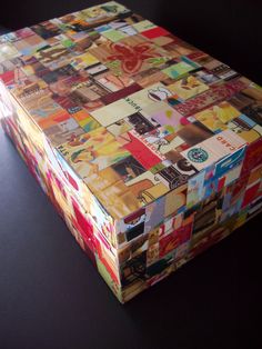 a multicolored box sitting on top of a table