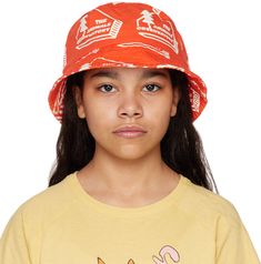 Cotton twill bucket hat in red. Logo pattern printed in white throughout. · Quilted brim · Twill browband · Machine-wash Supplier color: Red house The Animals Observatory Size: Head Circumference M: 21.25 / 54 cm L: 22.5 / 57 cm Orange Cotton Bucket Hat, Adjustable Orange Cotton Bucket Hat, Casual Orange Bucket Hat With Short Brim, Casual Adjustable Orange Bucket Hat, Adjustable Orange Bucket Hat, Orange 5-panel Casual Hat, Casual Red Sun Hat For Outdoor, Casual Orange 5-panel Hat, Playful Red Bucket Hat