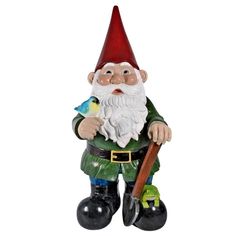 a garden gnome figurine holding a bird