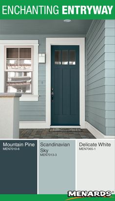 a blue door with white trim and windows in front of a gray house that says enchanting entryway