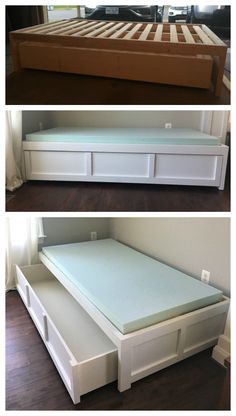 two pictures of the same bed frame with drawers