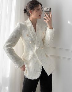 This women's blazer boasts a classic shawl collar and sophisticated double-breasted buttons, while adding a unique touch of elegance with tassel trim on the collar, cuffs, and bottom hem. Made from luxurious tweed fabric for a timeless look. ●Shawl collar●Long sleeves●Double breasted button closure●Polyester, cotton and spandex●Machine wash, line dry★★Please advise your Height and Weight, I will make sure you choose the right size. Elegant Double-breasted Tweed Jacket, Tweed Long Sleeve Double-breasted Blazer, Tweed Double-breasted Long Sleeve Blazer, Tweed Blazer With Double-breasted Button And Long Sleeves, Elegant Tweed Blazer With Double-breasted Button, Long Sleeve Tweed Blazer With Double-breasted Buttons, Elegant Long Sleeve Double-breasted Tweed Jacket, Elegant Long Sleeve Tweed Jacket With Double-breasted Buttons, Elegant Double-breasted Tweed Jacket For Office