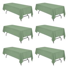 six green tablecloths with black metal legs are shown in four different positions on a white background