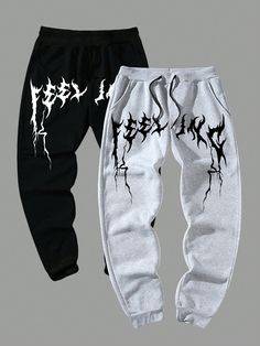 Men 2Pcs Graphic Print Drawstring Waist Sweatpants Long Letter Plain Black Going Out Goth Multicolor    Fabric Graphic Jogger Slight Stretch  Men Clothing, size features are:Bust: ,Length: ,Sleeve Length: Streetwear Fashion Sweatpants, Joggers Design, Graphic Pants, Long Letter, Fire Clothes, Men Sweatpants, Stylish Men Wear, Asian Style Dress, Graphic Sweatpants