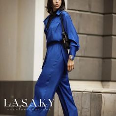 Lasaky - Royal Blue Satin Wide-Leg Pant Two-Piece Set Blue Long Sleeve Pant Set For Summer, Blue Long Sleeve Pant Set For Spring, Blue Pant Set For Spring Workwear, Blue Long Sleeve Pant Set For Work, Casual Blue Pant Set For Work, Blue Pant Set For Workwear In Summer, Blue Long Sleeve Spring Pantsuit, Blue Wide Leg Pants, Real M