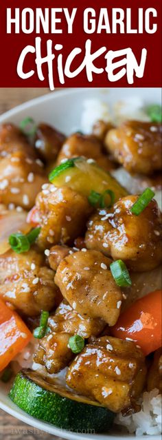 honey garlic chicken with carrots, broccoli and rice on a plate