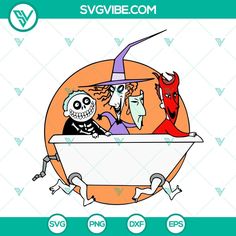 a cartoon skeleton in a bathtub with two witches