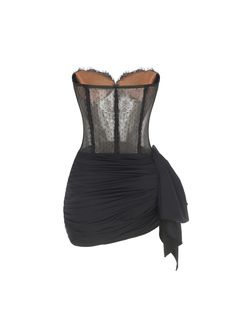 a black corset with sheer lace on the top and bottom, in front of a white background