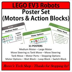 lego poster set motors and action blocks with instructions to make them look like they are moving