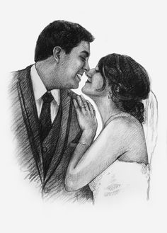 a drawing of a bride and groom kissing