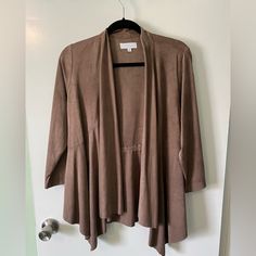 Beautiful Super-Soft Polyester/Spandex Material That Looks And Feels Like Soft Suede. Dusty Taupe In Color. Nwt. Size Small. Brown Stretch Outerwear For Layering, Taupe Long Sleeve Outerwear For Layering, Khaki Stretch Outerwear For Fall, Drape Jacket, Beautiful Drapes, New Directions, Soft Suede, Polyester Spandex, Feel Like