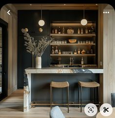 an image of a bar with stools and bottles on the shelves in the room