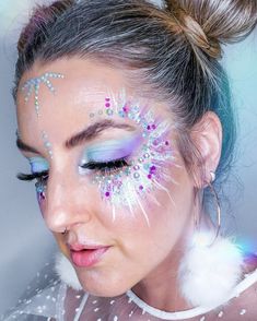 Starlight Makeup, Gems Face, Purple Starfish, Glitter Face Paint, Shoot Makeup, Blue Makeup Looks, White Liquid, Makeup Inspired, Performance Makeup