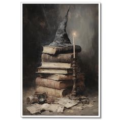 a painting of a stack of books with a wizard hat on top and a lit candle in the middle