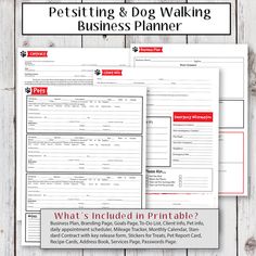 the pet sitting and dog walking business planner is shown on top of a wooden table