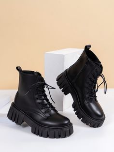 Black  Collar   Plain  Embellished  Spring/Fall Women Shoes Grunge Shoes, Chunky Combat Boots, Platform Combat Boots, Womens Combat Boots, Combat Boot, Zipper Boots, Boots Women Fashion, Motorcycle Boots