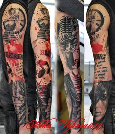 a man's arm covered in tattoos with an image of a microphone and clock