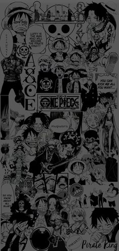 the poster for one piece is shown in black and white, with many different characters on it