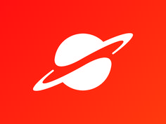 an orange background with a white saturn logo