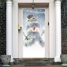 a snowman is coming out of the front door