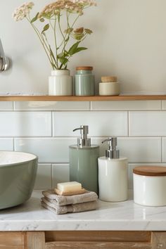 the bathroom counter is clean and ready to be used