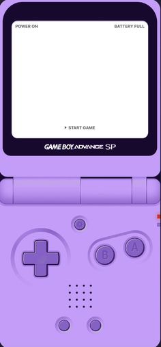 an old nintendo game console with the screen turned on and buttons down, all in purple