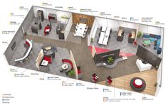 an overhead view of a living room and bedroom area with furniture labeled in the diagram