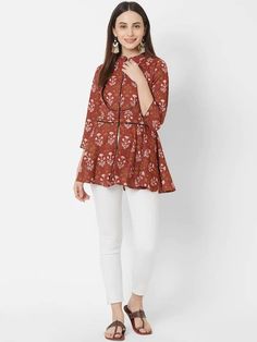 - Item Details :-Maroon, beige and brown printed A-line kurti, has a yoked front, mandarin collar, three-quarter sleeves, and flared hemElevate your style quotient with this gorgeous kurti. Team it with a pair of leggings and heels to complete the look.- Materials Used To Make This Kurti :-• Kurti Fabric : 100% Cotton- Fabric Care :-Hand-washPackage Includes : 1 KurtiSIZE CHART ( IN INCHES ) :-S - BUST 34 , WAIST 32 , KURTI LENGTH 30 , HIPS 36M - BUST 36 , WAIST 34 , KURTI LENGTH 30 , HIPS 38L - Sanganeri Print, A Line Kurti, Kurti For Women, Leggings And Heels, Salwar Dress