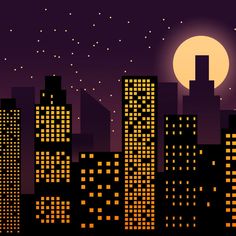 a city skyline at night with the moon in the sky and stars on the horizon