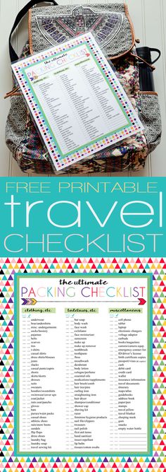 the free printable travel checklist is shown in front of a bag with it's contents