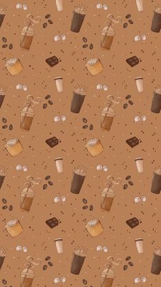 a brown background with coffee cups and beans