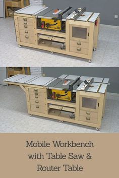 the table saw and router table workbench is shown in three different views