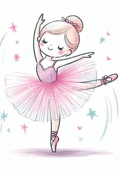 a drawing of a ballerina girl in pink tutu and ballet shoes with stars around her