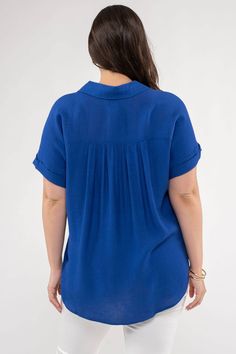 Hey Friends! Love the bright royal blue of this top! Short rolled sleeves and a button down collar works for casual days or the office! POINTED COLLAR FRONT FUNCTIONAL BUTTONS FOLDED CUFF SHORT SLEEVES 80% RAYON 20% NYLON Rolled Sleeves, Summer Concert, Cuffed Shorts, Denim Shoes, Instagram And Snapchat, Dress Jewelry, Button Down Collar, Workwear Dress, Summer Shorts