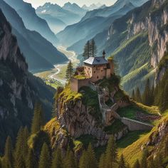 an old castle perched on top of a mountain in the middle of the forest with mountains behind it