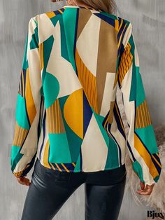 Bjux - Womens Spring and Fall Casual Long Lantern Sleeve Blouse with Geo Printed V-neck Design Trendy V-neck Blouse With Graphic Print, Chic V-neck Blouse With Graphic Print, Chic Multicolor Print V-neck Blouse, Green Printed V-neck Top, Patterned Abstract Print V-neck Top, Multicolor Print V-neck Top For Fall, Spring V-neck Top With Colorful Pattern, Green Long Sleeve Tops With Colorful Pattern, Green Tops With Colorful Pattern For Fall