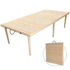 a wooden table with a small piece of luggage underneath it