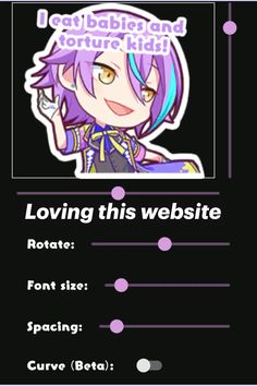 an anime character with purple hair and blue eyes, text reads loving this website font size spacing curvy beta