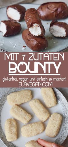 chocolate covered cookies and marshmallows on a plate with text overlay that reads mitt zuitaten bounty