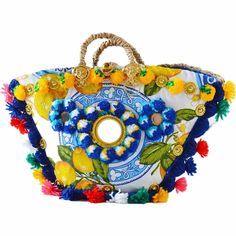 Handcrafted Sicilian “coffa” bag, made with the finest quality Sicilian dwarf palm and bright, beautiful embellishments traditional to Sicily. Your bag will be made to order by our artisan Luigi in Palermo, who with his children, are some of the last remaining practitioners of this art. Each bag is created by hand, and while yours will be similar, it will not be identical to the one pictured. Luigi's secret pom-pom technique creates a batch large enough for exactly one bag, so each design is ine Luxury Handmade Bags For Vacation, Designer Multicolor Handmade Shoulder Bag, Designer Handmade Multicolor Shoulder Bag, Traditional Multicolor Top Handle Bag, Designer Multicolor Bag With Braided Handles, Designer Multicolor Bags With Braided Handles, Handmade Multicolor Embroidered Bags For Vacation, Designer Multicolor Handmade Bags, Designer Handmade Multicolor Bags