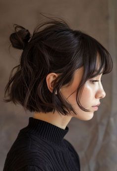 Short Tied Hair, Short Dark Hair Updo, Kawai Hairstyle For Short Hair, Bob Hairstyling How To Style, Short Hair Dinner Hairstyle, Short Wavy Bob Curtain Bangs, Short Hair And Earrings, Short Bangs With Short Hair, Hair Assories For Short Hair